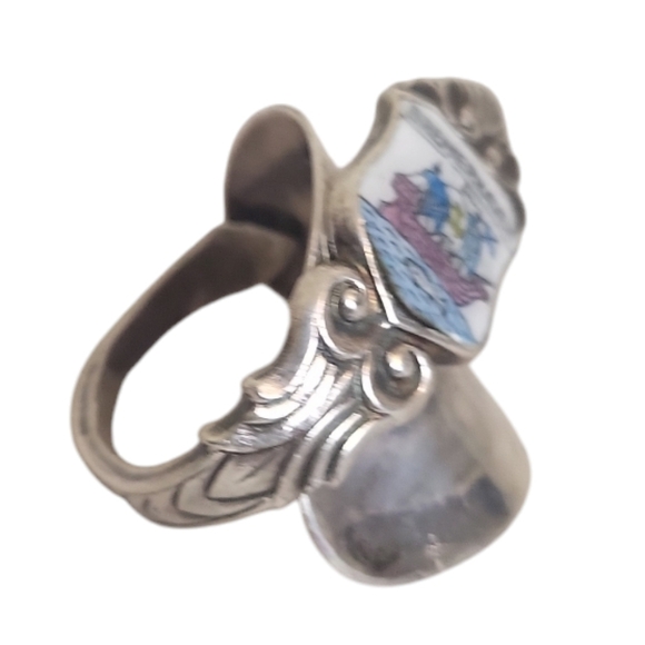 Vintage Silver Enamel Bremerhaven Travel Shield Germany Souvenir Spoon Ring - Picture 2 of 6
